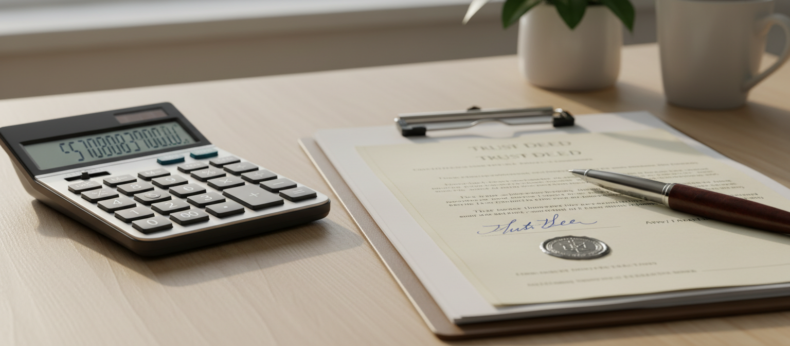 A signed SMSF trust deed on a clipboard beside a desktop calculator